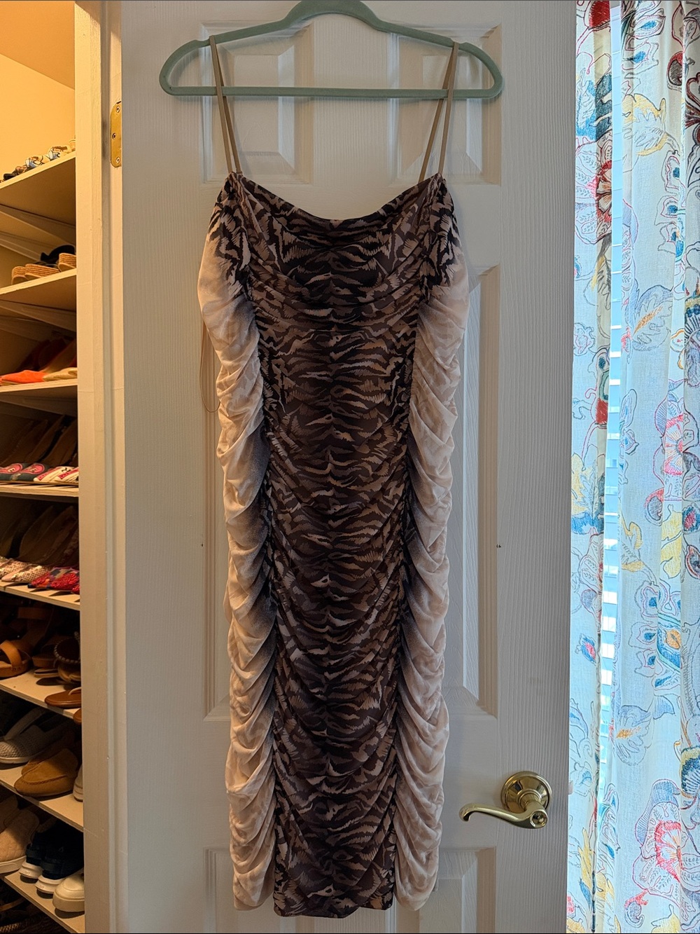 AFRM Brown and Beige Ruched Midi Slip Dress